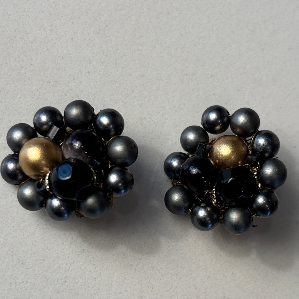 Vintage Marked Japan Clip On Earrings Black Gray Bead Cluster Gold Tone